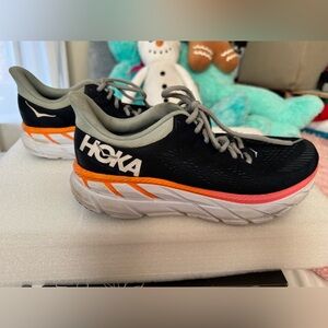Hoka One One Clifton Sneaker Tennis Shoe Size 10.5 Women Navy, Orange and White